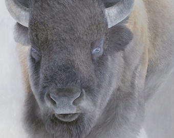 Big Bison - Un potente dipinto di bufalo - Arredamento per la casa in stile western - Firmato dall'artista - Una stampa artistica giclée sulla fauna selvatica su tela - Dipinto naturalistico