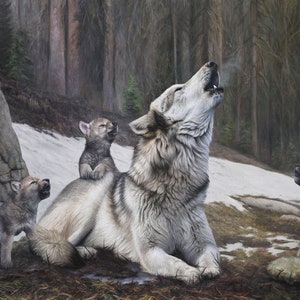 Beautiful Mother Wolf with Pups - Western Home Decor Wolves Art - Limited Edition Canvas Print Signed by Artist -Mountain Nature Painting