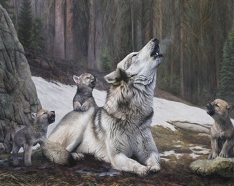 Beautiful Mother Wolf with Pups - Western Home Decor Wolves Art - Limited Edition Canvas Print Signed by Artist -Mountain Nature Painting