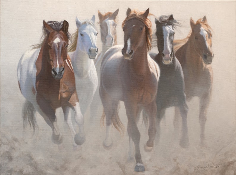 May include: A painting of seven horses running through a dusty field. The horses are all different colors, including brown, white, and black. The painting is done in a realistic style and captures the energy and movement of the horses.