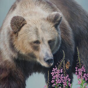 Grizzly Bear in Fireweed Wildflowers Wildlife Art - Giclee Canvas Print Western Home Decor - Limited Edition Nature Painting Artist Signed
