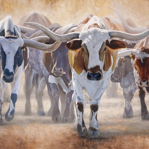 Texas Longhorns Canvas Print - This Western Painting is great for Ranch Decor - Featuring the Chisholm Trail and Stockyards Wall Art