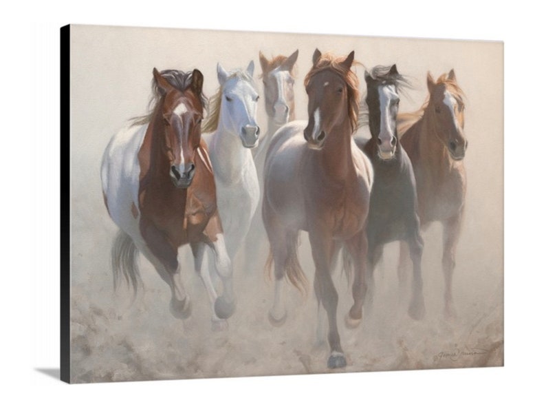 May include: A group of seven horses running through a dusty field. The horses are all different colors, including brown, white, and black. The horses are running in a line, with the lead horse in the center of the image. The horses are all running with their heads held high and their tails flowing in the wind.