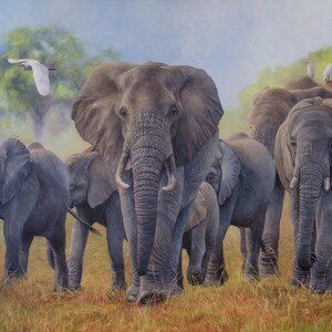 The Matriarch - Limited Edition Elefantenherde und Reiher Wildtier Kunst - Giclee Leinwand Druck Afrikanische Safari Wohnkultur Naturmalerei Signiert