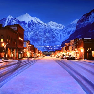 Telluride Colorado Painting - Downtown Street Art featuring the San Juan Mountains - Perfect for your Western Wall Art and Modern Decor