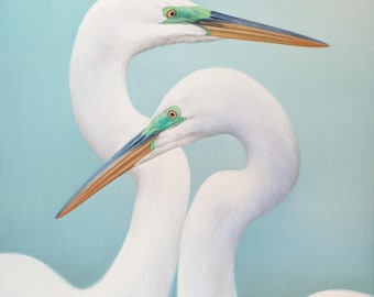 Beautiful Egrets Painting - A Canvas Print for your Home Decor - Very Limited Edition of 95 and Signed by Artist - Shorebird Coastal Art