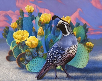 California Quail and Prickly Pear Cactus Print on Canvas - Desert Painting Signed by Artist - Southwest Art Home Decor - Animal Wall Art