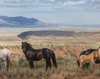 Cavalli selvaggi vagano per la valle di montagna - Stampa giclée - Edizione limitata - Decorazione per la casa in stile cowboy western - Arte murale