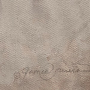May include: A close-up of a light brown canvas with a handwritten signature that reads "James Oliver" in black ink.