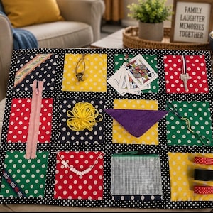 Polka Dots 18” x 24” Fidget Quilt - Handmade Sensory Activity Quilt - Sensory Lap Quilt for Seniors - Memory Care Activity Mat