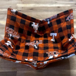 May include: A square, fabric bowl with an orange and black plaid pattern. The bowl features white accents and the word "TEXAS" along with the Longhorn logo. The bowl is designed to hold food.