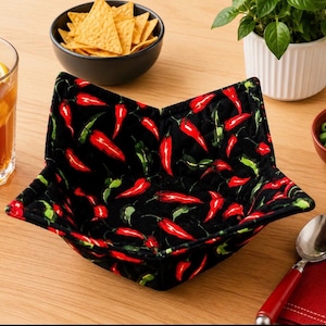 Red Peppers on Black Microwavable Bowl Cozy - Chili Peppers Bowl Cozy - Housewarming Gift - Gift for Chili Lovers