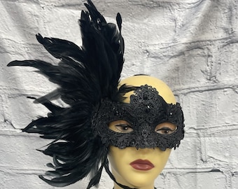 Feathered Asymmetrical Lace Masquerade Mask Party Ball Quincenera Black Purple Red Blue