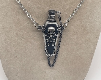The Undertaker Poison Bottle Pendant Necklace | Coffin Shape | Fine English Pewter | Gothic Victorian Jewelry