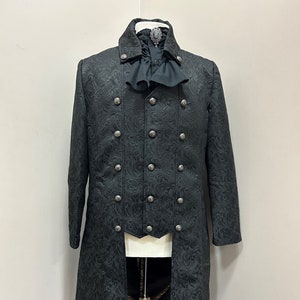 Black Brocade Coat | Double-Breasted Victorian Silver Buttons Lace-Up Back Knee Length Men&#39;s Steampunk Cosplay Vampire Gothic Frock Coat