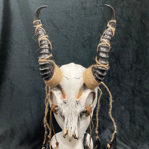 Long Horned Ancestral Demon Mask | White Bone Red | Ritual Voodoo Witch Doctor Shaman Halloween Wendigo