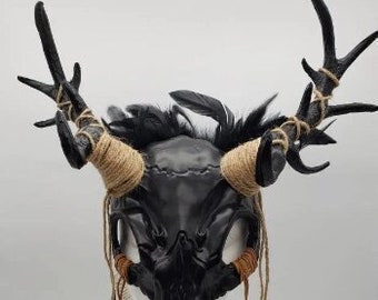 Masque tête de mort avec bois de cerf | Or Argent Cuivre Mousse Forêt-Noire | Wendigo Shaman Witch Doctor Halloween Fée Fée