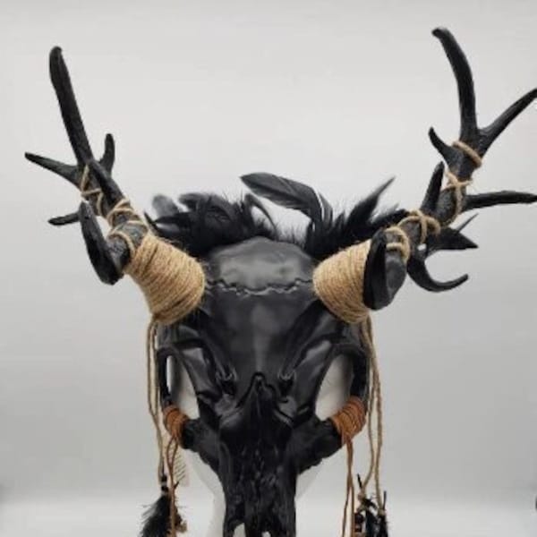Forest Deer Skull Mask With Antlers | Gold Silver Copper Black Forest Moss | Wendigo Shaman Witch Doctor Halloween Fairy Fae