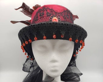 Red & Black Ladies' Top Hat With Veil | Victorian Vampire Gothic Halloween Steampunk Cosplay Costume