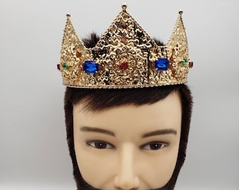 Unisex Gold Color Jeweled Crown | Adjustable Medieval King Queen Prince Princess Renaissance