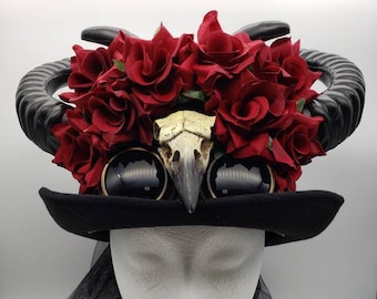 Horned Steampunk Top Hat | Roses Goggles Crow Skull Veil | Gothic Halloween Victorian Ritual