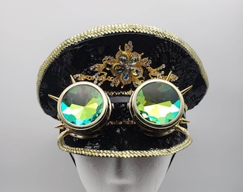 Czarny cekinowy kapelusz festiwalowy | Złote gogle z kolcami | Police Music Festival 1970s Retro Pride