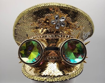 Złoty cekinowy kapelusz policyjny z goglami | Festiwal muzyczny Burning Man Pride Retro 1970s