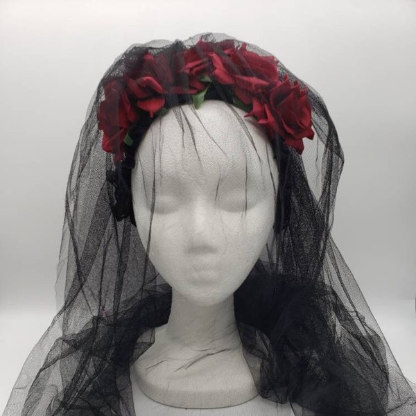 Veiled Rose Headpiece | Red Roses Black Veil | Gothic Vampire Halloween Victorian Day of the Dead