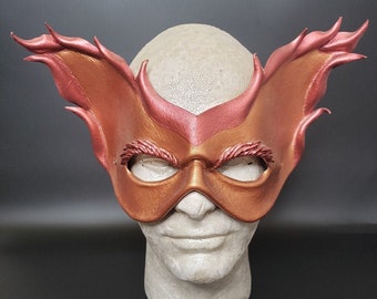 Flaming Bird Leather Mask | Handmade Wings Orange Yellow Red Interpretive Costume Masquerade Mardi Gras
