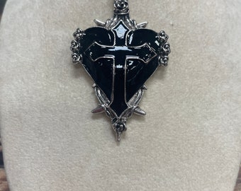 Vampire Heart Necklace | Black Heart Black Cross Silver Chain | Victorian Mourning Gothic Halloween Horror