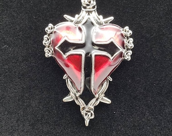 Collar con corazón de vampiro / Cadena de plata con cruz negra y corazón rojo / Estilo victoriano, gótico, de luto y Halloween