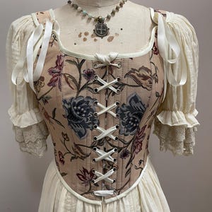 Renaissance Milkmaid Corset, Beige Floral Fairy Bustier Corset Top, Ren Faire Overbust Lace up Corset, Elegant Vintage Womens Corset Bustier