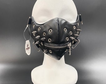 Studded Black Pleather Mask | Zipper Mouth | Goth Punk Music Festival Kink
