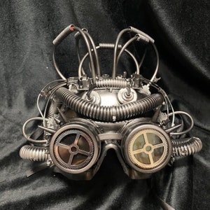 Steampunk Helmet | Silver Color | Gears Tubes Goggles | LARP Fantasy Festival Futuristic Post-Apocalyptic Diesel Punk Cosplay