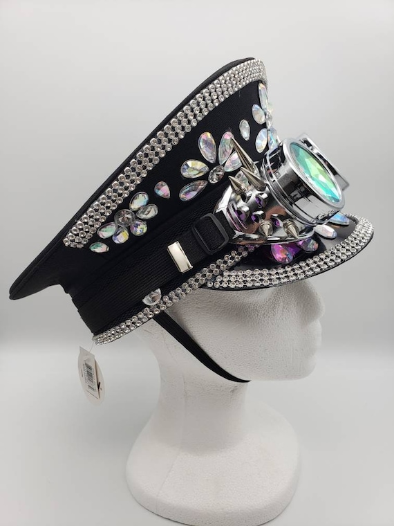 Black Sequin Police Hat | Silver Jewel Trim Spike Goggles  display picture 2
