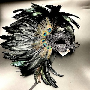 Feathered Asymmetrical Lace Masquerade Mask Party Ball Quincenera Black( not grey) Purple ,Red ,Blue.