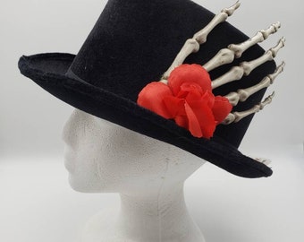 Skeleton Top Hat | Red Rose Black Velvet | Victorian Halloween Day of the Dead Gothic