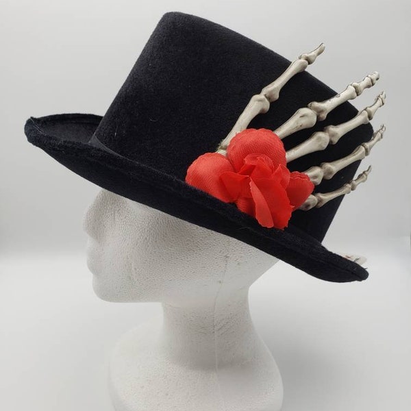 Chapeau haut de forme squelette | Rose Rouge Velours Noir | Victorien Halloween Jour des Morts Gothique