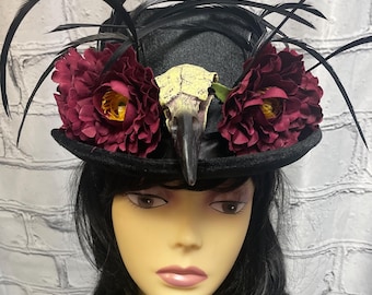 Crow Skull Top Hat | Red or Blue Floral | Vampire Voodoo Victorian Gothic Halloween Witchy Steampunk Fairytale Fantasy