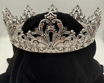 Filigranowa korona króla/królowej | Srebro z kryształkami | Sesja zdjęciowa cosplay króla/królowej/księcia w stylu renesansu średniowiecznego, 24 cale dookoła