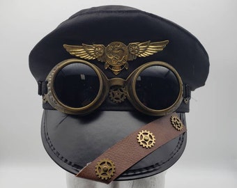 Casquette de police steampunk noire | Lunettes de protection dorées finition aviateur Gears | Diesel punk victorien