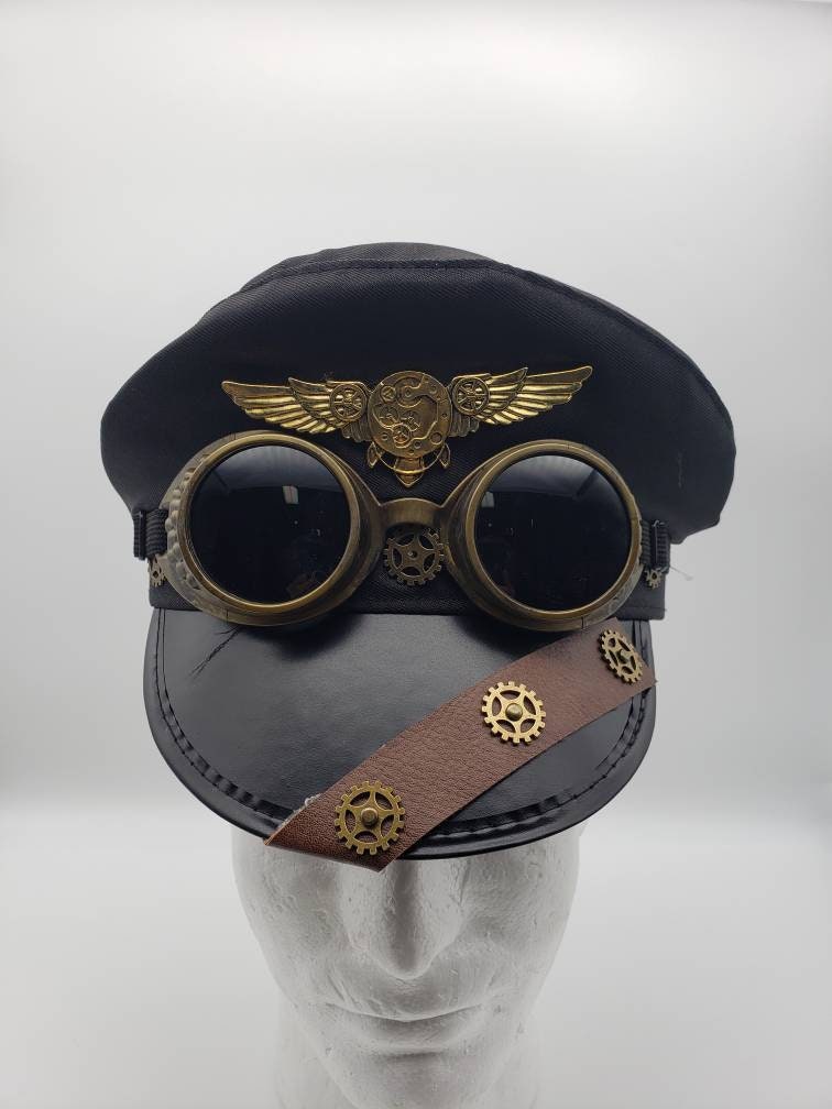 Black Steampunk Police Hat | Gold Aviator Trim Goggles Gears | Diesel Punk Victorian