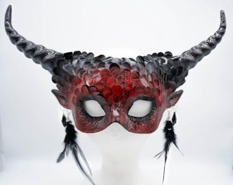 Scaled Voodoo Mask With Horns & Feathered Earrings | Brown or Red | Wendigo Shaman Witch Doctor Halloween Devil Demon