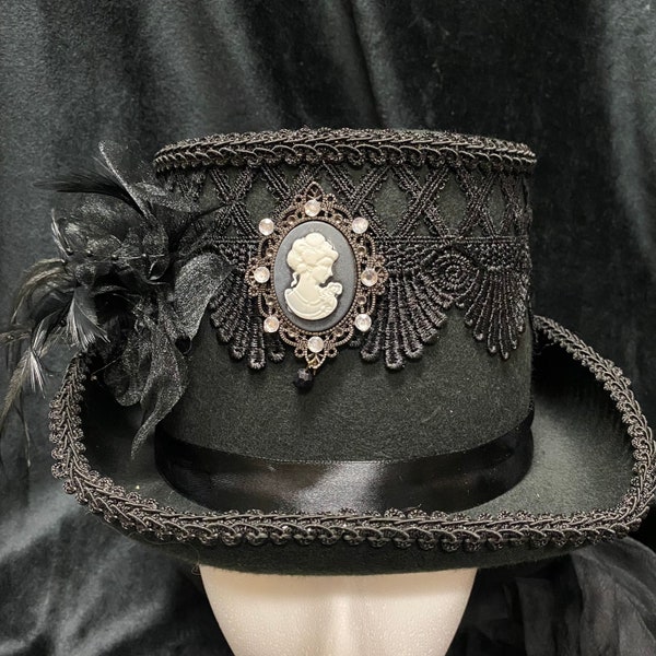 Sombrero de copa para mujer con velo y camafeo/disfraz de cosplay de Halloween de vampiro gótico victoriano