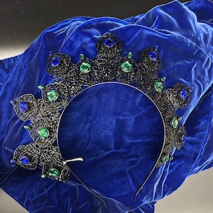 Black Filigree Tiara Headpiece | Green & Blue Rhinestones | Witchy Mermaid Woodland Fairy Evil Mistress Ren Faire Cosplay Photoshoot Moon
