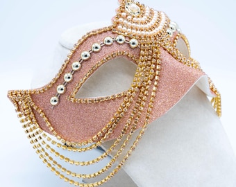 Maska z kryształkami | Różowo-złota, czarno-fioletowa | Kostium na bal operowy Phantom Party, historyczny cosplay Quincenera Mardi Gras