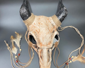 Horned Bull Skull Mask | Bone Color | Headpiece Wendigo Shaman Southwestern Witch Doctor Halloween