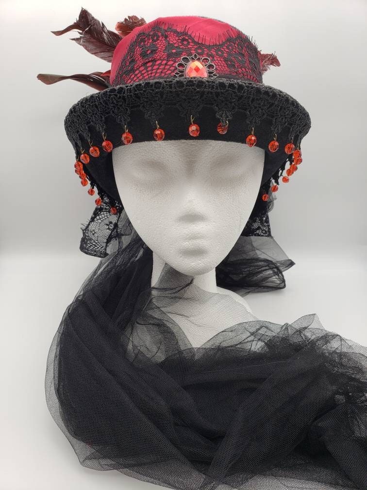 Red & Black Ladies' Top Hat With Veil | Victorian Vampire Gothic