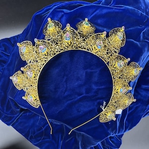 Gold Filigree Tiara Headpiece | AB Rhinestones | Teardrop Motif | Renaissance Medieval Princess Queen Royal Wedding Birthday Cosplay