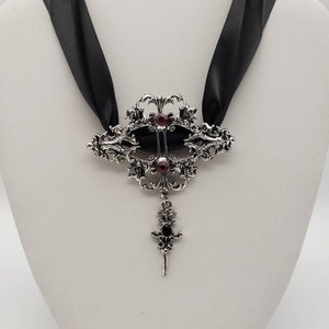 Ornate Silver Pendant with Red Stones | Ribbon Necklace | Gothic Vampire Victorian Halloween Horror